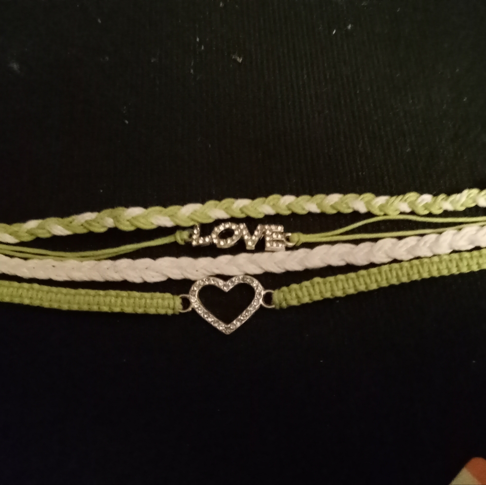 HOBO Boho 6 strand Love Heart charms cloth braided bracelet green and white